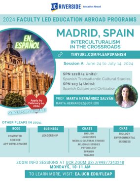 Promotional flyer for a faculty-led education abroad program in Madrid, Spain in June and July 2024